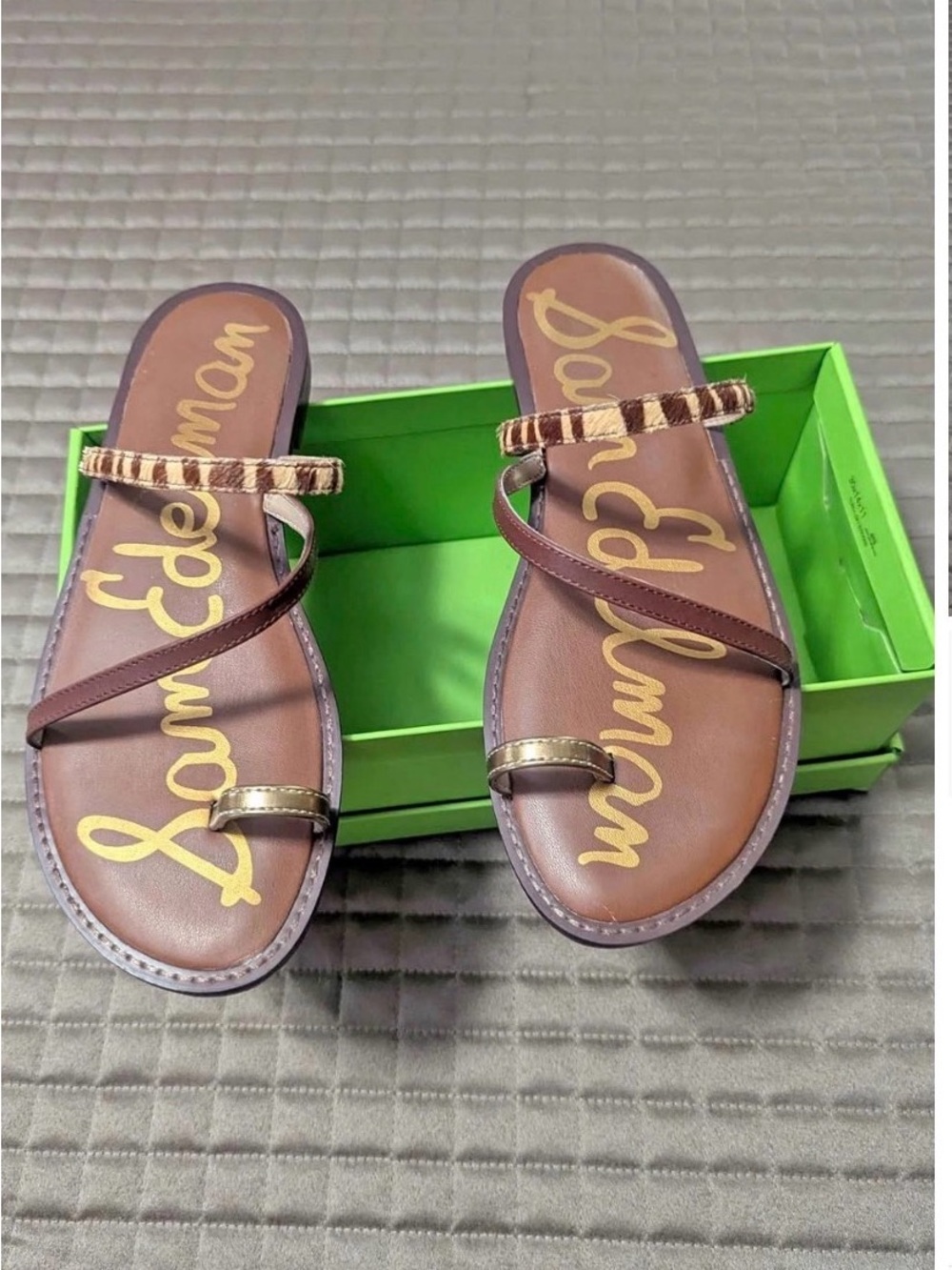 Sam Edelman Brown Leather Strappy Slide Sandals with Metallic Accents